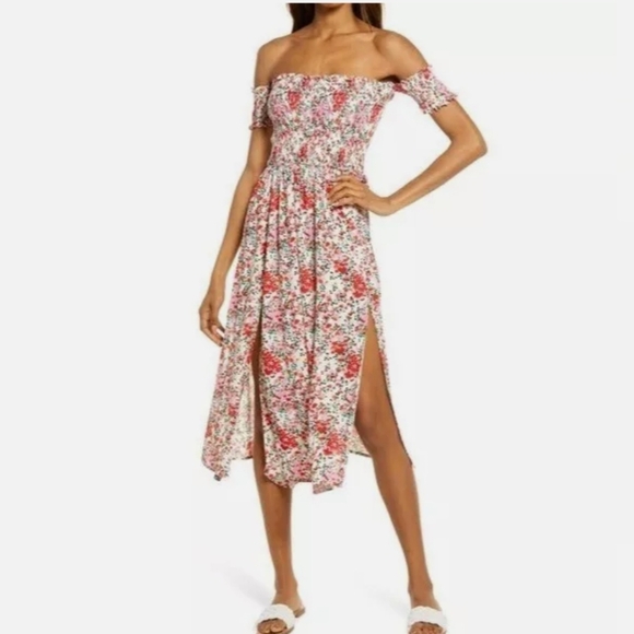 NWT Lulus Meadow Cream Floral Print Off The Shoulder Dress, Size XL - Picture 1 of 13